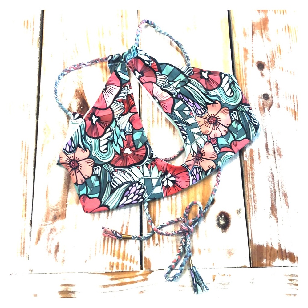 Green & Coral Floral Flower Halter Bikini Swim Top Size Medium
